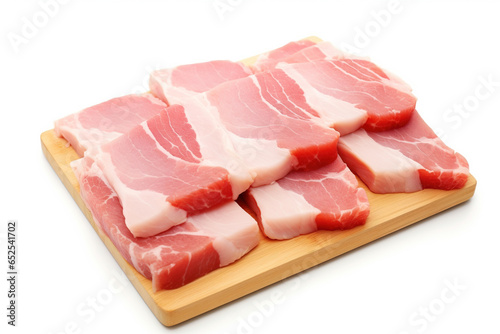 A few slices of raw pork belly, uncooked and ready for preparation, a versatile and delicious cut of meat, isolated on a white background photo