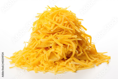A generous pile of grated cheddar cheese, featuring its distinct bright yellow-orange color and a rich, savory flavor, tacos, salads, or baked potatoes, isolated on a white background photo