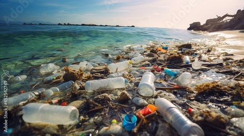 An image depicting a beach littered with plastic waste, generative AI, background image