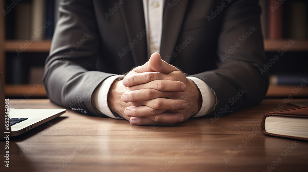 スーツ姿の男性の机の上で組まれた手 Stock Photo | Adobe Stock