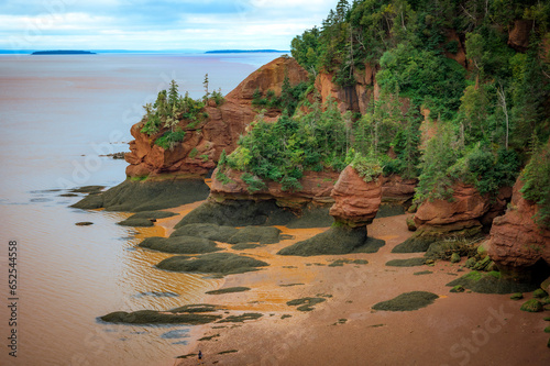 Aerial view of Hopewell Rocks Provincial Park at low tide, Bay of Fundy, Hopewell Cape, New Brunswick, Canada. Photo taken in September 2023.