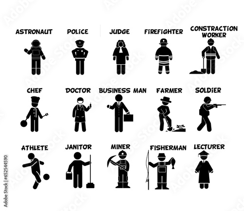 judge, police doctor, construction worker, businessman, miner, soldier, chef, firefighter
