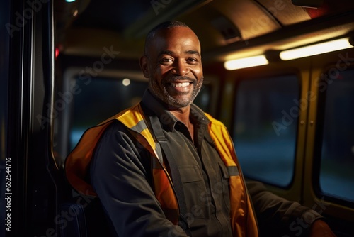 Black Male Bus Driver Employee Career Work Environment Backdrop Generative AI © Johnathan
