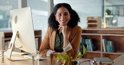 Portrait of happy woman at computer with smile, confidence and career in administration at digital agency. Internet, desk and businesswoman at tech startup with creative job for professional business photo