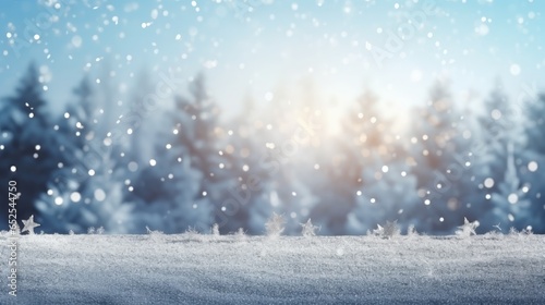 Christmas winter background with snow and blurred bokeh.Merry christmas and happy new year greeting card with copy-space- generative AI