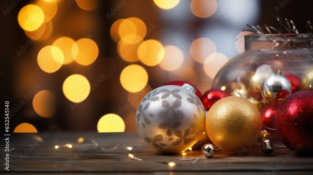 Fototapeta premium Close-up of assorted Christmas baubles and fairy lights on a table- generative AI