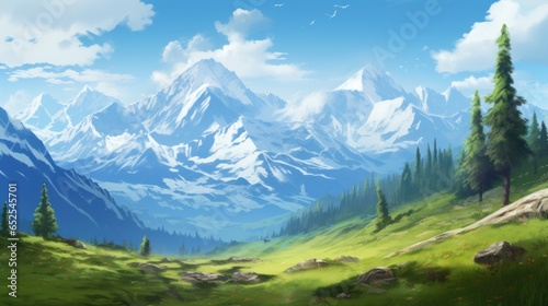 Majestic Mountain Peaks, Snow Capped Summits and Alpine Meadows Game Art © Damian Sobczyk