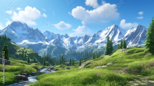 Majestic Mountain Peaks, Snow Capped Summits and Alpine Meadows Game Art © Damian Sobczyk