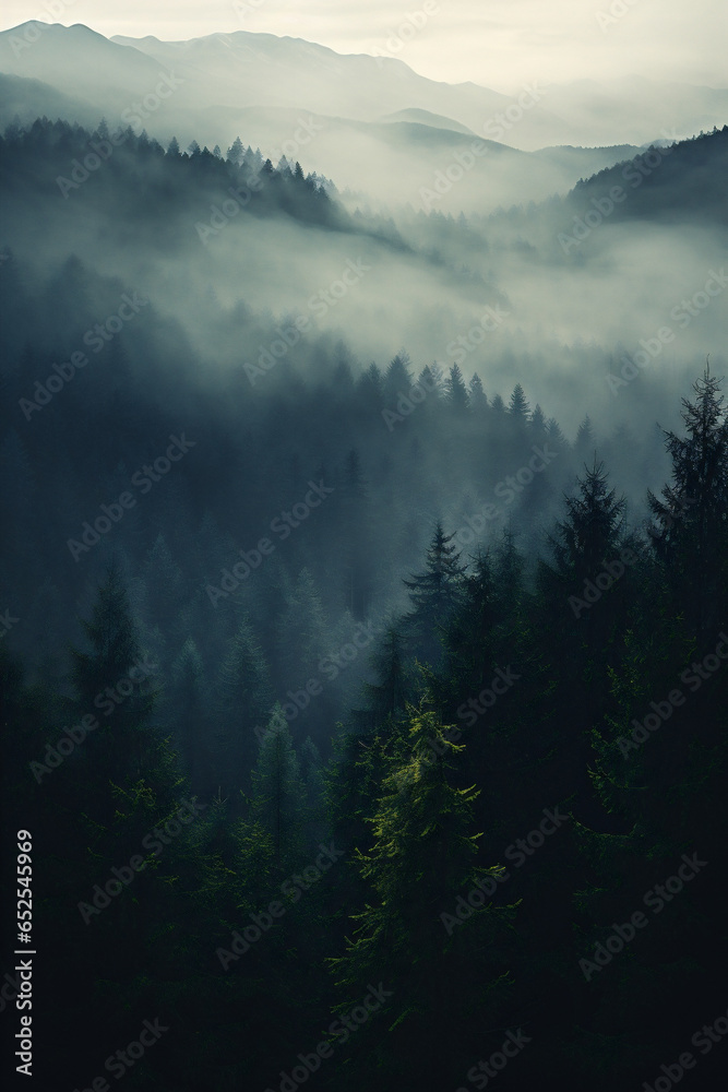 Mountain landscape with a river in the morning mist