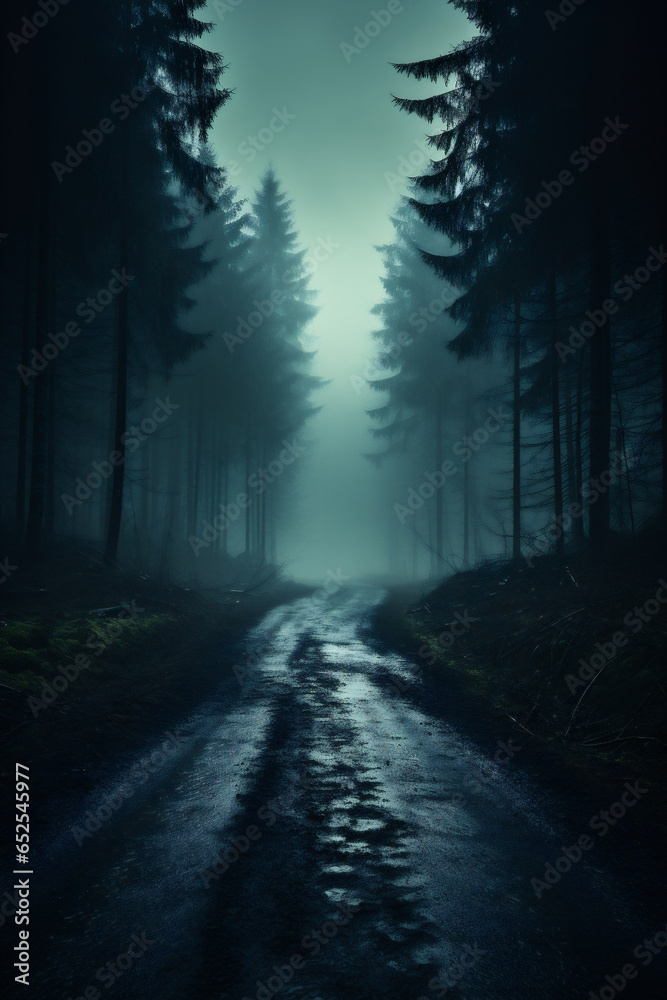 Foggy dark forest road with trees and fog. Halloween concept
