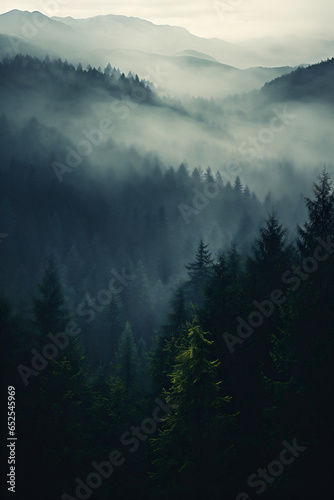 Mountain landscape with a river in the morning mist © Jioo7