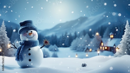 Merry christmas and happy new year greeting card with copy-space.Happy snowman standing in christmas landscape.Snow background.Winter fairytale.- generative AI © Nadine