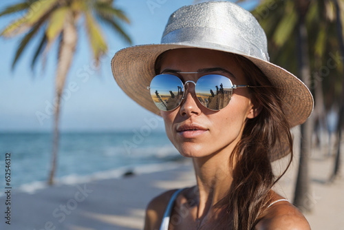 Portrait of a beautiful girl model wearing glasses and a hat on holiday at the beach.