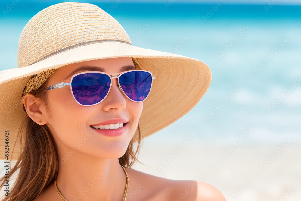 Portrait of a beautiful girl model wearing glasses and a hat on holiday at the beach. Portrait of a beautiful girl model wearing glasses and a hat on holiday at the beach.