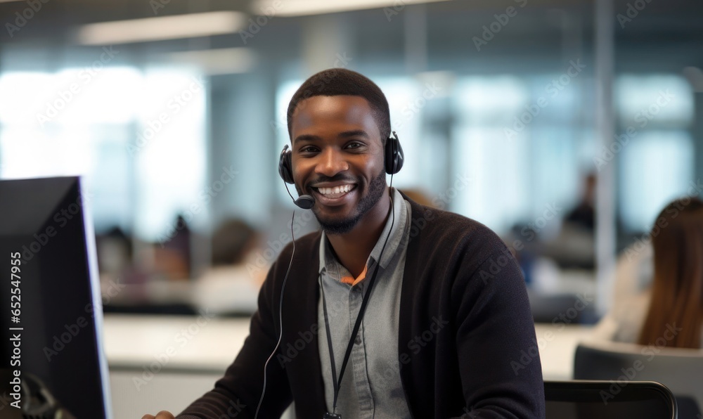 Black Man Customer Service Representative Employee Job Work Environment Backdrop Generative AI Black Man Customer Service Representative Employee Job Work Environment Backdrop Generative AI