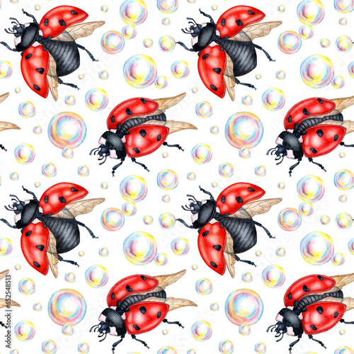 Watercolor illustration of a drawing of red ladybugs with black dots and soap bubbles. Seamless isolated pattern for kitchen, home decor, stationery, wedding invitations and clothing print.