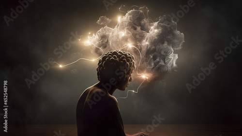 Surreal image of a person with thoughts sparkling in the darkness photo