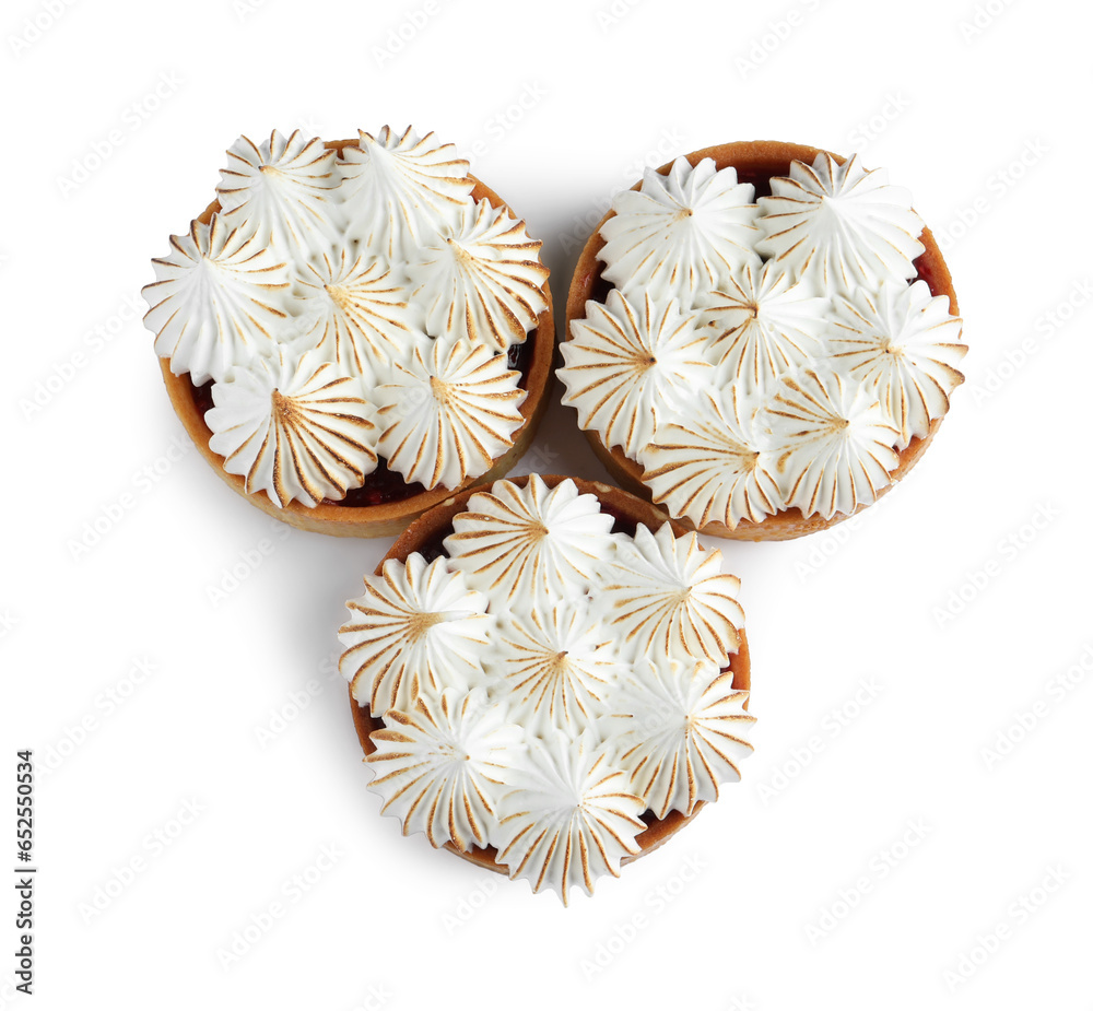 Tartlets with meringue isolated on white, top view. Tasty dessert Tartlets with meringue isolated on white, top view. Tasty dessert