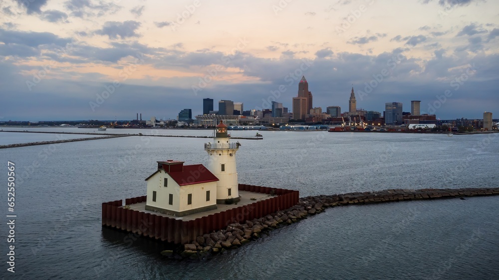Sunset on old lighthouse in Cleveland, Ohio