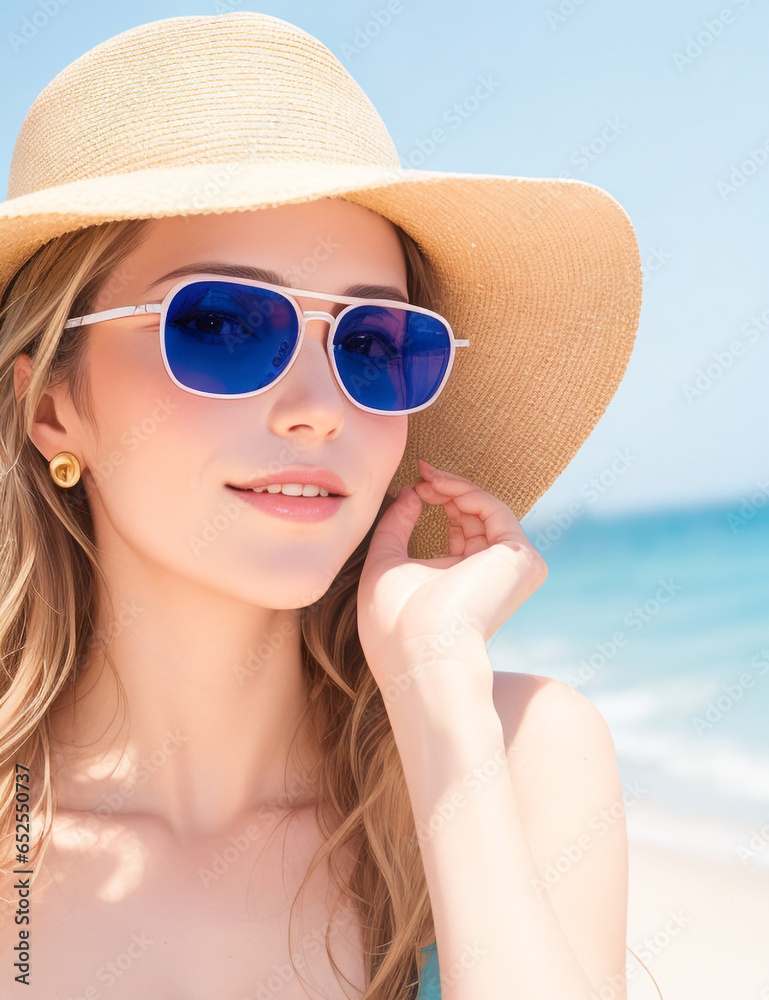 Portrait of a beautiful girl model wearing glasses and a hat on holiday at the beach