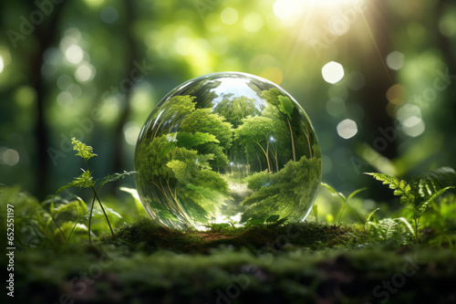 Environment Concept, Globe world Glass In Green Forest With Sunlight. Environment save and ecology theme concept.