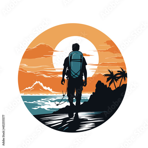 A silhouette of a surfer with backpack hiking