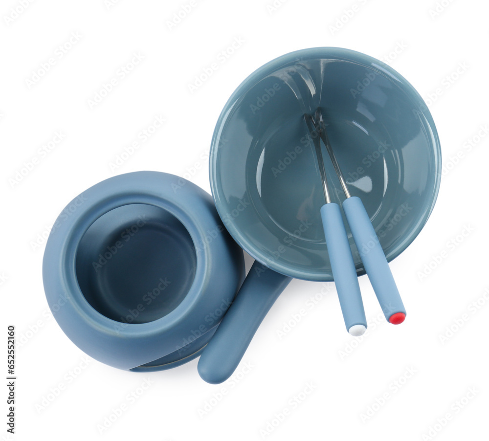 Fondue set isolated on white, top view Fondue set isolated on white, top view