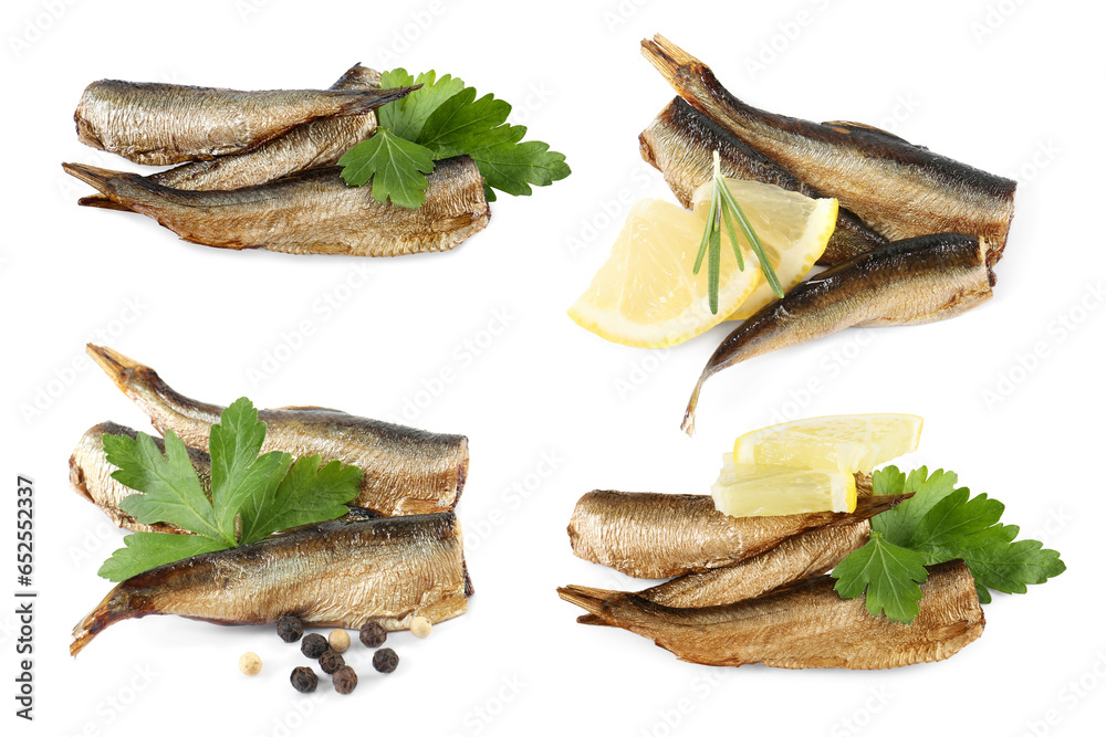 Set with smoked sprats and lemon isolated on white Set with smoked sprats and lemon isolated on white