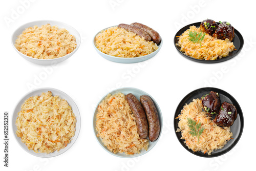 Collage with dishes of sauerkraut isolated on white, top and side views