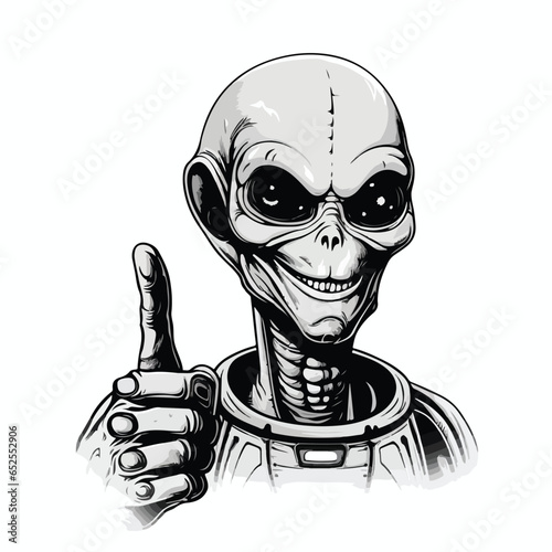 An alien gives the thumbs up sign, black and white realism