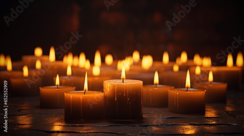 A group of lit candles burning on a dark background. Generative AI. 
