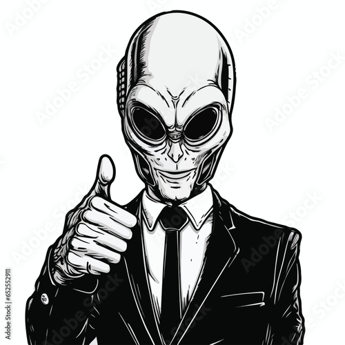 An alien gives the thumbs up sign, black and white realism
