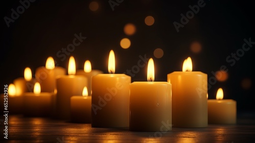 A group of lit candles burning on a dark background. Generative AI. 