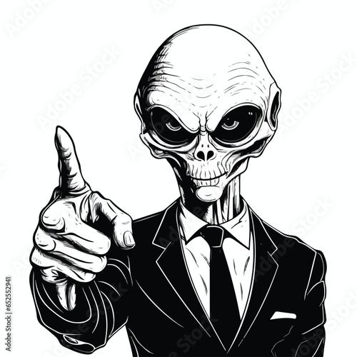 An alien gives the thumbs up sign, black and white realism