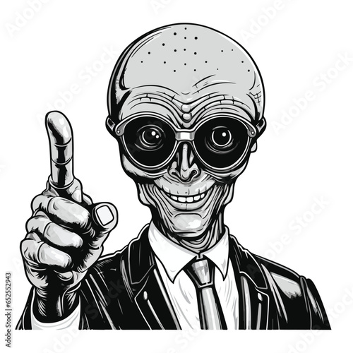 An alien gives the thumbs up sign, black and white realism