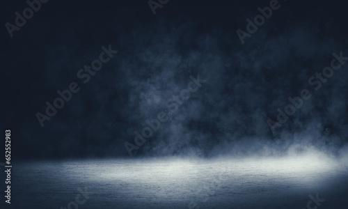 empty room with floor Abstract stage of dark room concrete floor. stage background for product placemen, Panoramic view of the abstract fog. White cloudiness, mist or smog moves on black