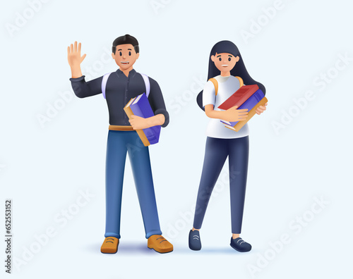 3D College friends. 3D cartoon characters style vector design illustrations. Multicultural students. Young girl and boy holding books isolated characters on white background. Happy teenager 3D