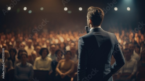 Man standing in front of a large audience during a public speaking performance. generative AI