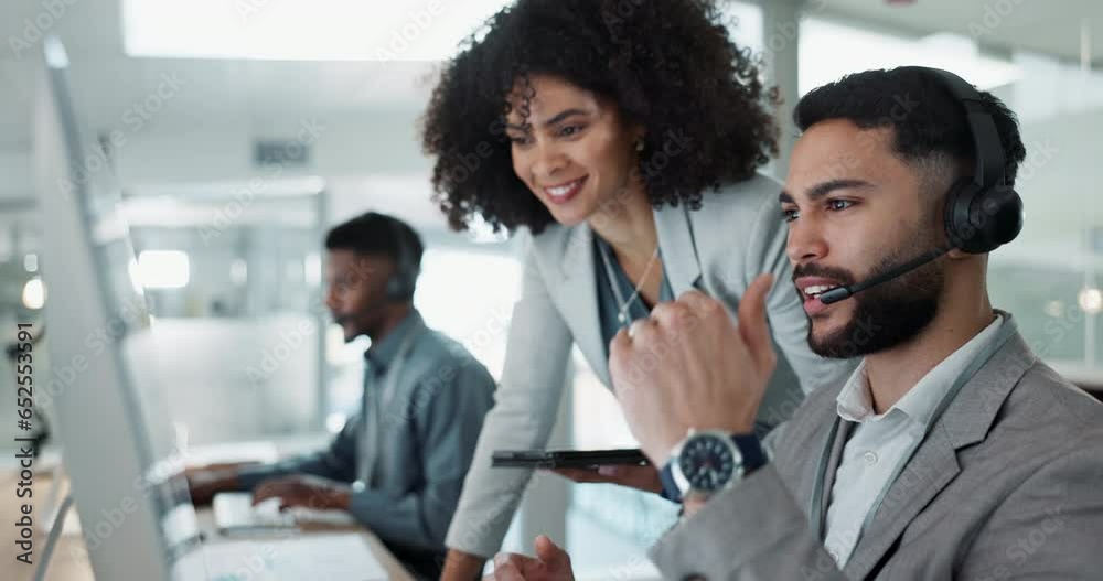 Business people, call center and coaching staff in customer service, support or telemarketing at office. Team, agent or consultant training together in teamwork for online advice, help or contact us