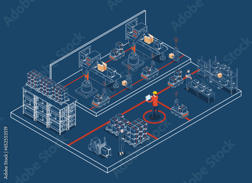 Automated warehouse robots and Smart warehouse technology Concept with Warehouse Automation System, Autonomous robot, Transportation operation service. Vector illustration EPS 10
