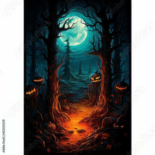 a Halloween scene with pumpkins poster art 