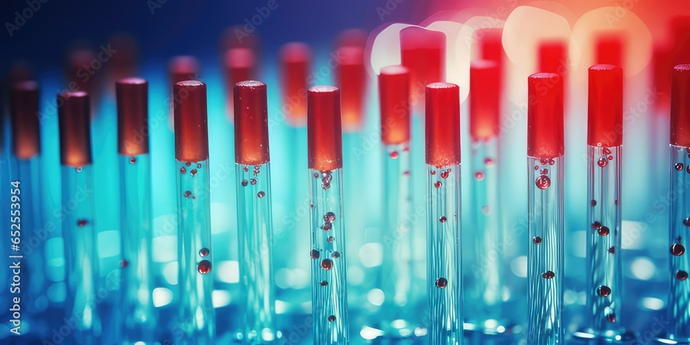 Test tube row. Concept of medical or science laboratory, close up, macro photography picture. generative AI