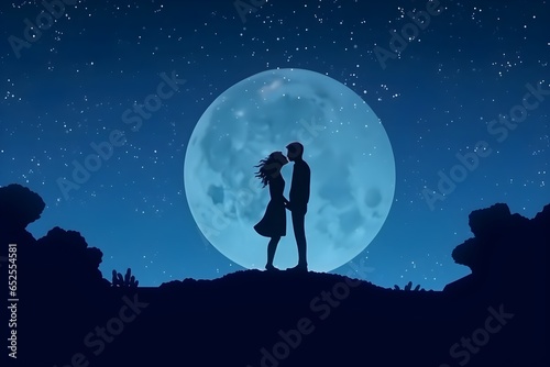 月をバックにキスをするカップルのシルエット