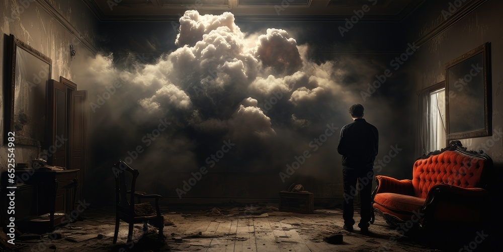 Depressed man standing alone in large empty room with clouds and smoke to represent internal feelings of dread. generative AI - obrazy, fototapety, plakaty 
