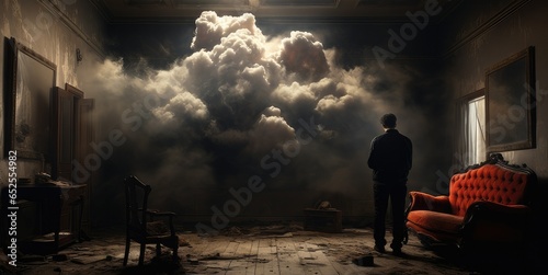 Wallpaper Mural Depressed man standing alone in large empty room with clouds and smoke to represent internal feelings of dread. generative AI Torontodigital.ca