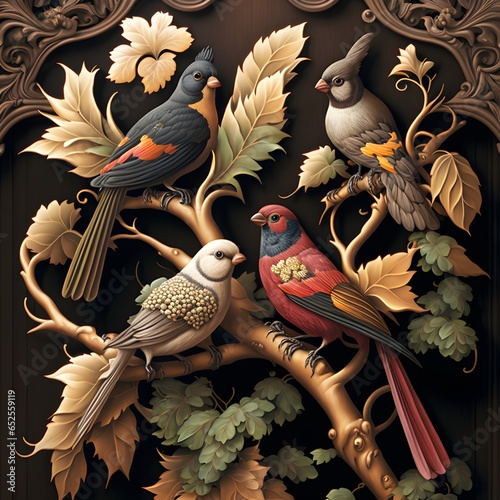 A realistic Baroquestyle picture depicting Calibri birds on branches would feature highly detailed and ornate birds with elaborate plumage realistic branches with intricate bark and leaves and rich  photo