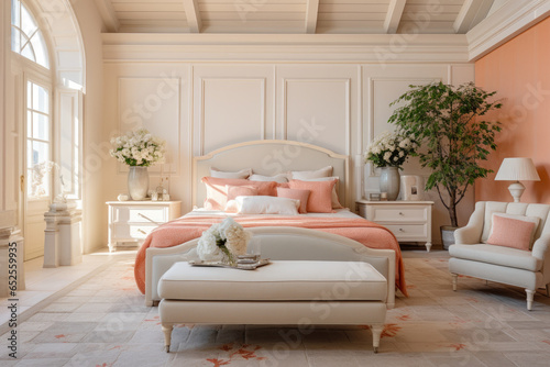 A Peachy Haven of Serenity: A Dreamy Bedroom Retreat with Soft, Inviting Tones, Cozy Ambiance, and Serene Tranquility.