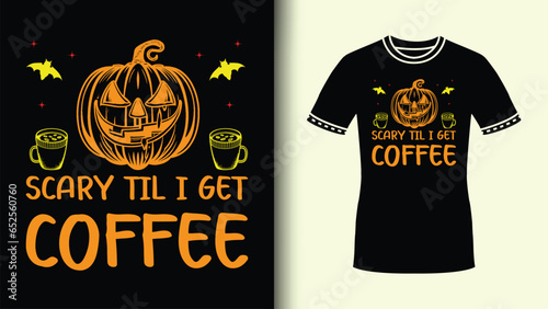 Scary 'til I Get Coffee Halloween Party Tee for Cute spooky season with Colorful Halloween Bats