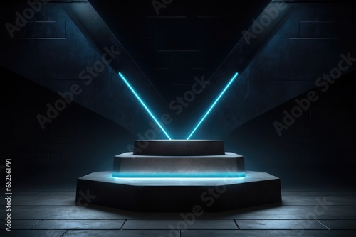 Cyberpunk Sci-Fi Product Presentation Podium with Glowing Lamp Frame in Dark - Technology Concept
