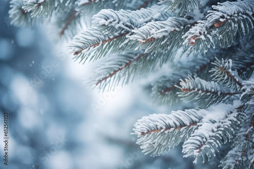 Christmas background with pine tree branch on snow